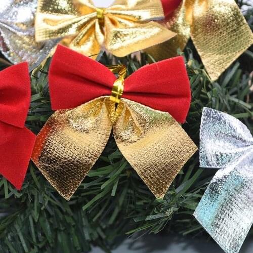 12pcs 5.5cm Flannel Christmas Bows Xmas Tree Ornaments Gold Silver Red Bowknot Christmas New Year Decoration Gift Cake Box Bow