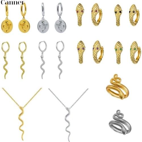 CANNER Fashion Long Serpentine Snake Tassel Hoop Earrings for Women Punk Animal Earrings 925 Sterling Silver Rings Necklaces