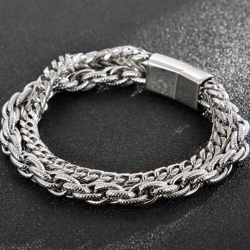Ttanium S.Steel 8MM Double Chain Bracelets On Hand Rocker Chic Style Mens Bracelet Mannen Armband Jewellery With Magnet Clasp