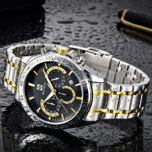 Luxury Men Business Watch Silver Gold Stainless Steel Strap Multifunction Quartz Watch Military Sport Clock Relogio Masculine