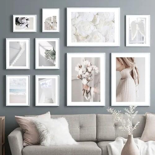 Blooming Cotton Flower Beach Palm Leaf Stairs Nordic Poster Wall Art Print Canvas Painting Wall Picture For Living Room Decor