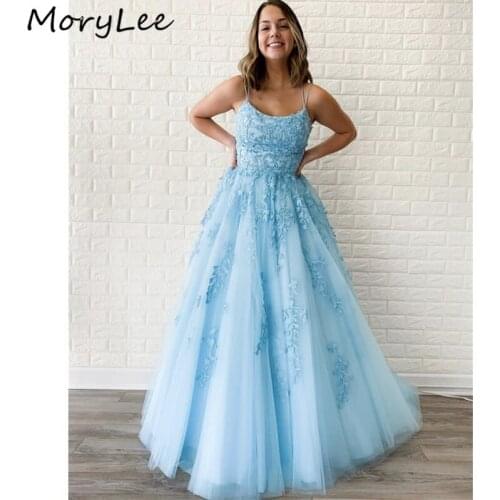 Baby Blue Evening Dresses 2020 Scoop Floor Length A-Line Lace Applique Soft Tulle Evening Dresses vestidos de fiesta de noche