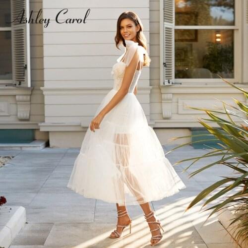 Ashley Carol Beach Wedding Dress 2021 Delicate Mid-Calf Tulle Bride Chic Ruched Sweetheart Lace Spaghetti Straps Bow Bridal Gown