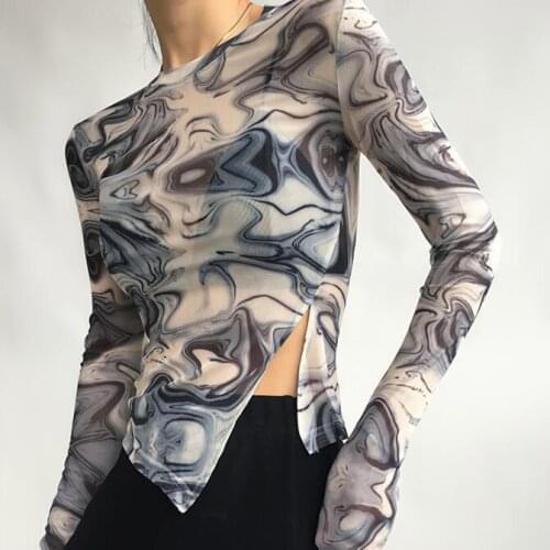 ZCSMLL Personality Printing Slit Tie-dye T Shirts Close-fitting Long-sleeved T-shirt Bottoming Shirt Women 2021 Summer Top