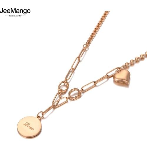 JeeMango Rose Gold Love & Heart Charm Pendant Necklaces For Women Girls Trendy Titanium Steel Bohemia Party Necklace JN20152