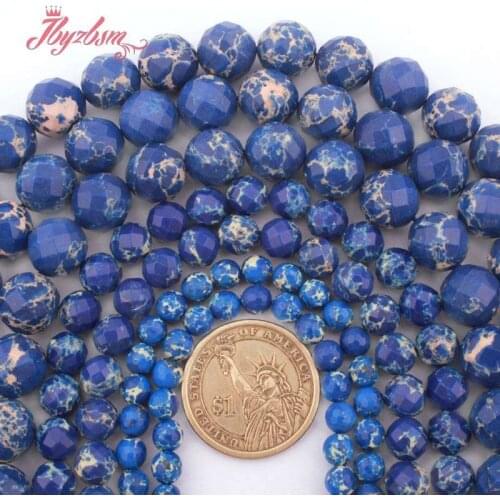 Round Faceted Blue Sea Sediment Imperial Jaspers Stone Loose Spacer Bead for DIY Accessorie Necklace Bracelet Jewelry Making15"
