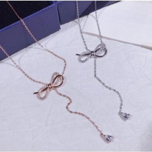 Fashion Exquisite 925 Sterling Silver White Zircon Gold Bowknot Plated Pendant Necklace Jewelry Women Gift