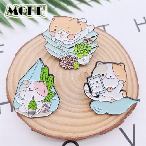 Cartoon Cute Animals Cat Enamel Pins Cactus Flowers Potted Clouds Alloy Brooch Sweet Badges Accessories Woman Jewelry Gifts