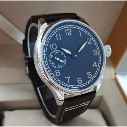 44mm parnis black dial 6497 movement leather strap hand winding mens watch