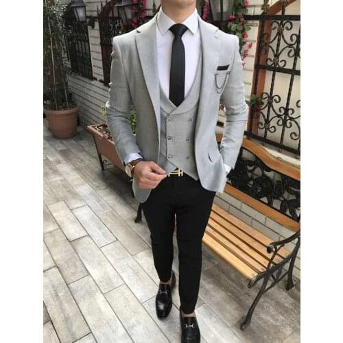 Men Suits Light Grey and Black Groom Tuxedos Notch Lapel Groomsmen Wedding Best Man 3 Pieces ( Jacket+Pants+Vest+Tie ) C893