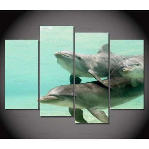 Hd Printing Wall Art Posters Two Dolphins Swim 4 Pieces Frameless Canvas Paintings Home Decoration Pictures for Living Room