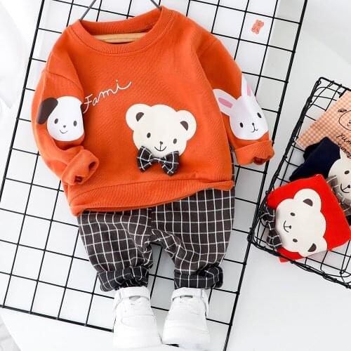New Baby Cartoon Bear Clothes Set For Girl Boy New Arrive Fashion Top and Plaid Pants 1 2 3 4 Years