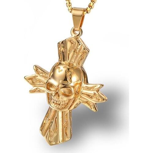 RIR Retro Gothic Punk Mens Necklace Fashion Jewelry Stainless Steel Skull Cross Pendants Necklaces Vintage Male Accessories Gift