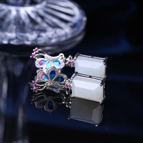 S925 silver inlaid natural hetian jade pendant retro white rectangle earrings cloisonne inlay earrings HE0048