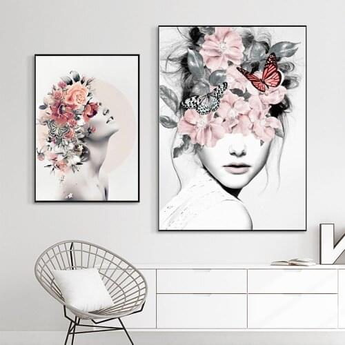 Sexy Women Posters and Prints, Flower Head, Nordic Figure, Canvas, Wall Painting, Floral Picture