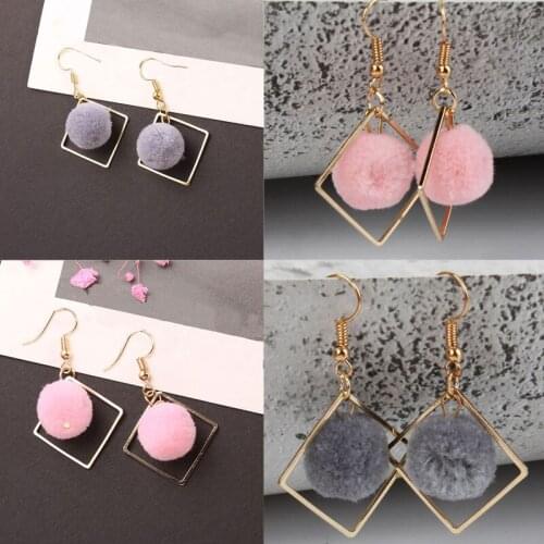 Fur Ball Long Drop Earrings Geometric Square For Women Unique Soft Dangle Earring Jewelry Brinco Bijoux