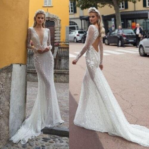 Mermaid Wedding Dresses Deep V Neck Long Sleeves Lace Beads Bridal Gowns 2020 Sweep Train Wedding Dress vestido de novia