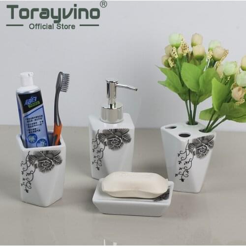 Torayvino 4 Sets Bathroom Set Soap Dish Dispenser Tumbler Tooth Brash Holder Rinse Cup Household Hotel Accessories Ceramic