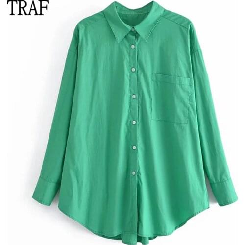 TRAF Za 2021 Green Women Shirts Loose Top Woman Long Sleeve Shirts Plus Size Women Clothing Casual Womens White Blouses Autumn