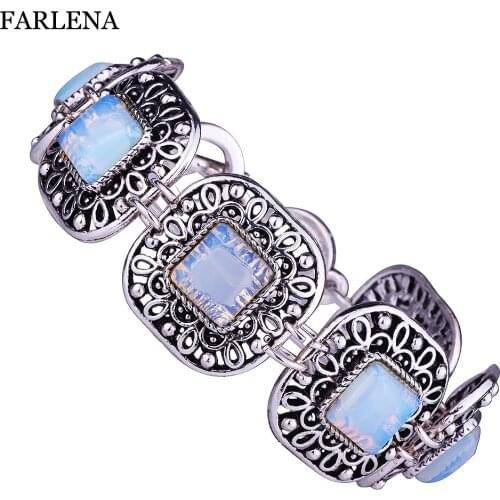 FARLENA Jewelry Ancient silver Plated Square Opal Bracelets chain for Women Men Vintage Semi-precious Stone Bracelet