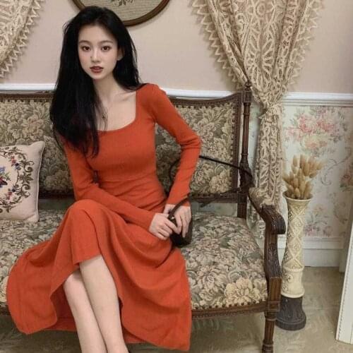 Woman Dresses Long Sleeve Square-Neck Sexy Dress Autumn Retro Mid-Length Dress for Women Vestido De Mujer Femme Robe