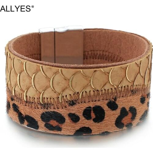 ALLYES Vintage Leopard Print Horsehair Leather Bracelets for Women Retro Dragon Fish Scale Wide Wrap Bracelet Female Jewelry
