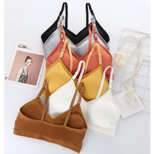 Women V-Neck Knitted Bra Top Cotton Fabric Thin Pad Tube Tops Push Up Intimates Wrapped Chest
