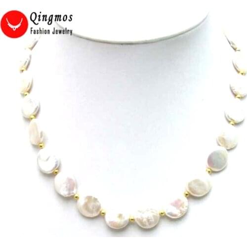 Qingmos Natural White Pearl Necklace for Women with 13-14mm Coin White Pearl Chokers Necklace Fine Jewelry 17" Colar nec5228