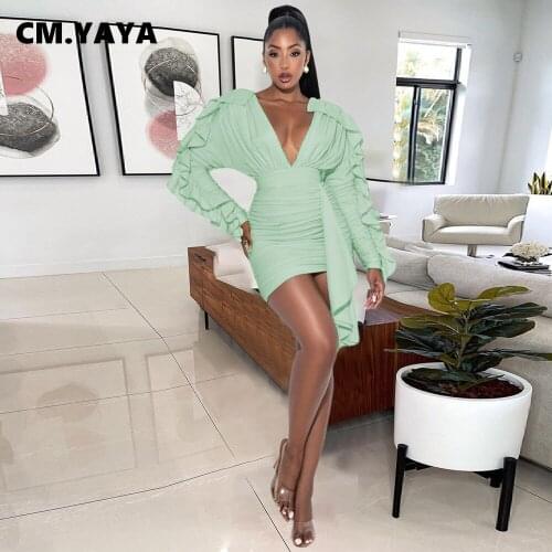 CM.YAYA Women Dress for Party and Wedding Solid Ruffles Stack Mini Dresses Cleavage Sexy Fashion Elegant Vestidos Autumn Outfit