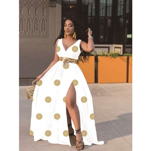 RMSFE 2021 Women Sleeveless Sexy V-Neck Fashion Casual Simple High Split Waist Print Dress