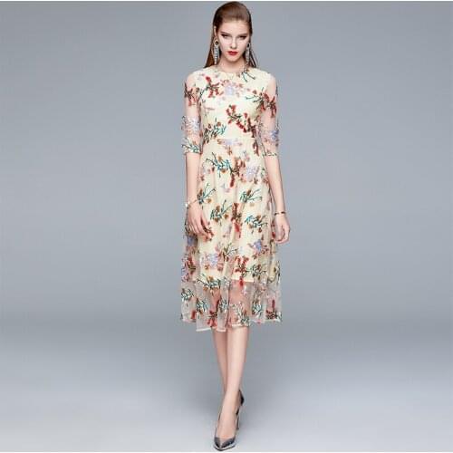 New Arrival 2020 Spring Autumn Women Dress High-end Custom Runway Fashion Mesh Embroidery Elegant Slim Dress Party Dress