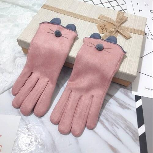 Winter Female Warm Suede Leather Cashmere Cute Button Cycling Mittens Thick Plush Wrist Women Touch Screen Driving Gloves J72