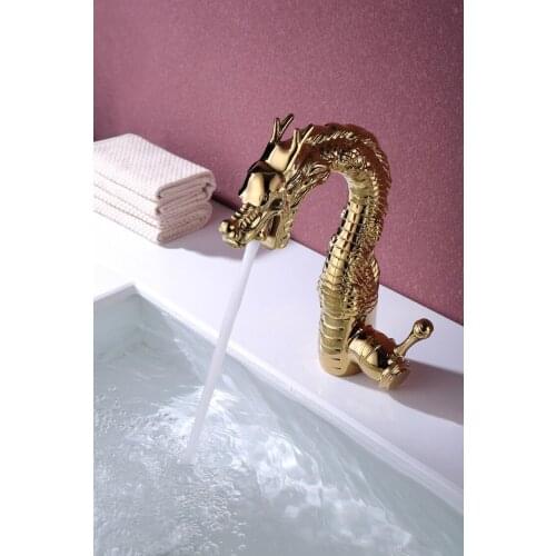 Gold Finish single hole /handle Dragon bathroom sink faucet mixer tap Pure Hand-Made Brass deck mounted