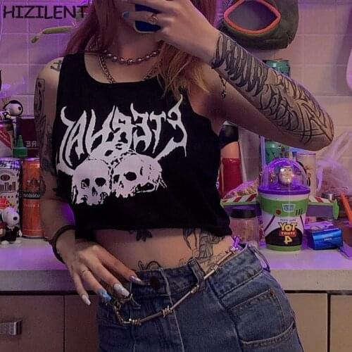 Basic fashion gothic punk o-neck short Tops of girls cool Sexy casual black Sleeveless shirt female summer loose vest streetwear