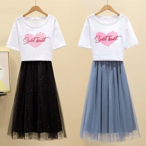 Balloon Embroidery Blouse Cotton T-Shirt White Girl Casual Print Tops Elegant Tulle Midi Skirt New Two-Piece Womens Fashion Suit