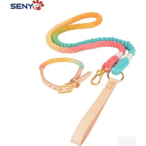 Cotton Gradient Dog Leash Leather Pet Dog Collar Multifunctional Small Medium Dog Rope Travel Fashion Multicolor Traction Leash