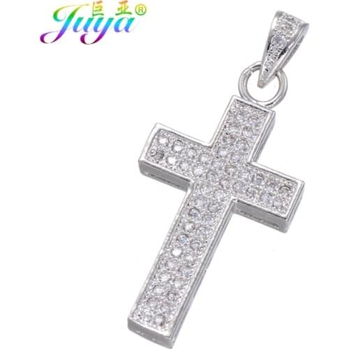 Juya DIY Religious Pendants Findings Supplies Micro Pave Zircon Cross Charms For Handmade Jesus Christian Jewelry Making
