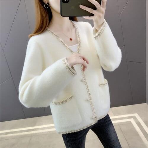 2021 Time-limited Room 206753, Row 9, No.4, Top] Real Shot V-neck Mink Like Pocket Knitted Cardigan 49