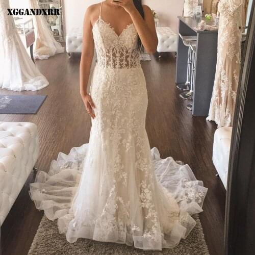 Beautiful Wedding Dress 2022 Tulle Mermaid Bride dress White V-Line Spaghetti Straps Appliques chapel Train Plus Size