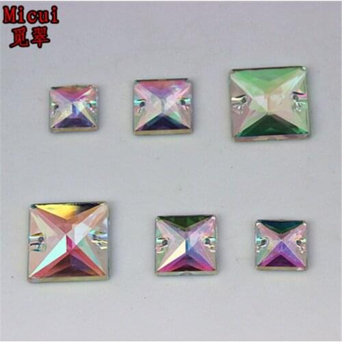 Micui 100pcs 10/12/16mm Sew On Crystal AB Acrylic Rhinestones Square Flat Back Fancy Strass Crystals For Clothes Crafts ZZ166