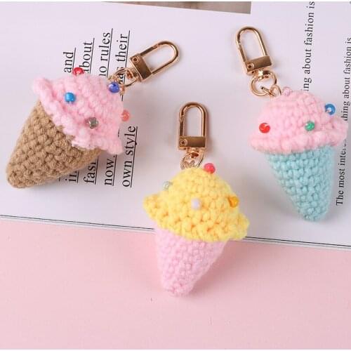 Cute Ice Cream Keychain Candy Color Crochet Girl With Hair Ball Gentle Bag Pendant DIY Jewelry Parts Gift Wholesale