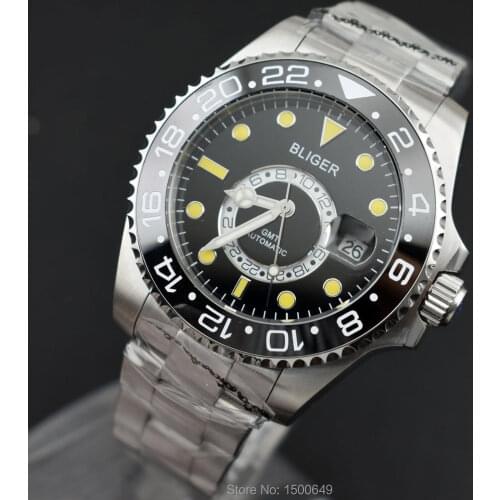 BLIGER 43mm New circle Ceramic Rotate Bezel black dial with yellow beads function well date automatic mens Wrist watch
