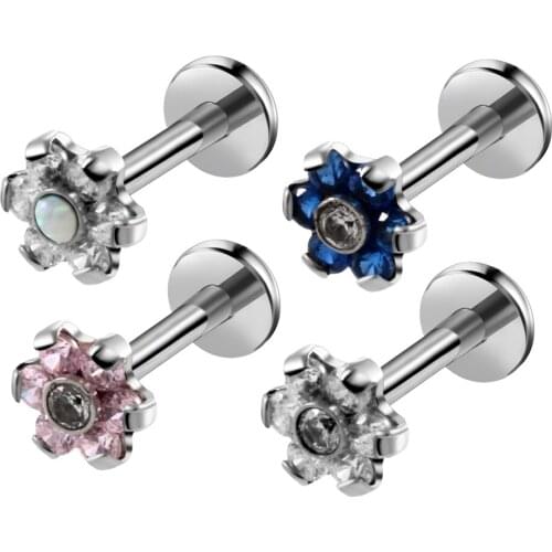 1PC Steel Prong Set Crystal Zircon Flower Labret Stud Lip Rings Forward Helix Ear Cartilage Tragus Piercing Fashion Sexy Jewelry