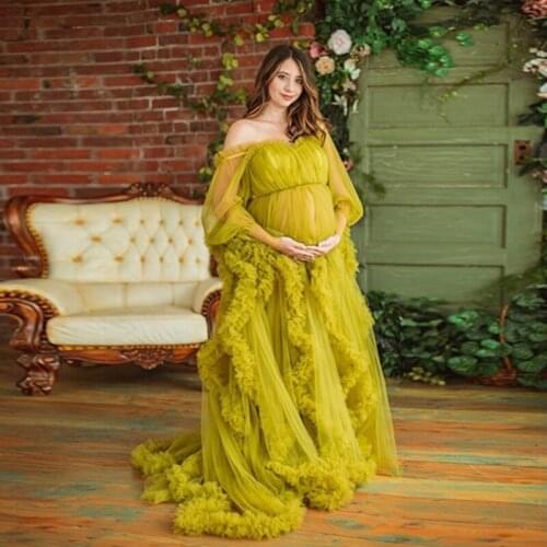Off The Shouleder Ginger Mesh Pregnant Women Dress Floor Length Pretty Ruffles Tulle Pregnancy Gowns See Thru Puff Sleeves