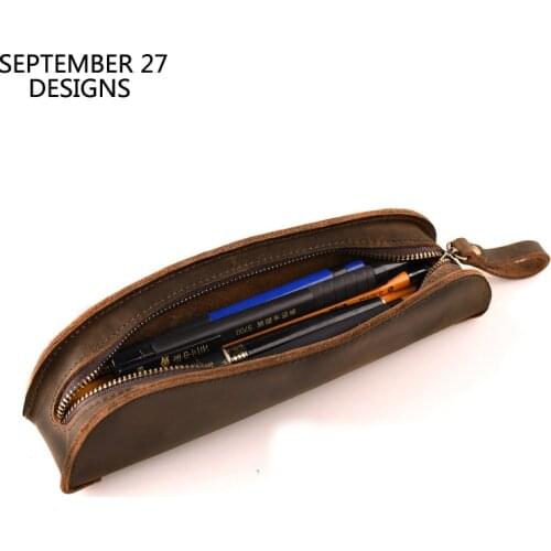 Retro Pen Bags Stationery Bag Genuine Leather Coin Purses Vintage Crazy Horse Leather Top-end Handmade Pen Collection Bags