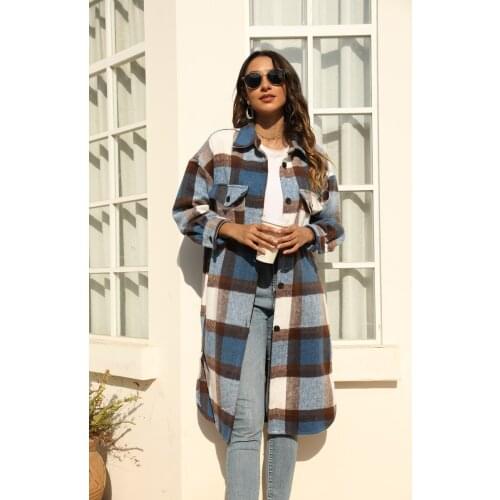 Ins bloggers Wool Plaid coat European and American loose Lapel button Plaid windbreaker coat in autumn and winter 2020