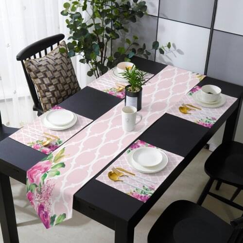 Spring Pink Flower Moroccan Pattern Table Runner Holiday Kitchen Dining Table Runners Place Mats Set for Home Party Decor