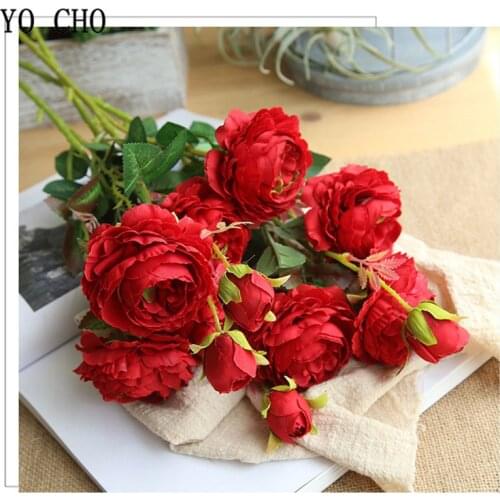 YO CHO Dropshipping 3 Head Peony Flowers Artificial Exquisite Decorative Silk Peony Flowers for Wedding Holiday Party