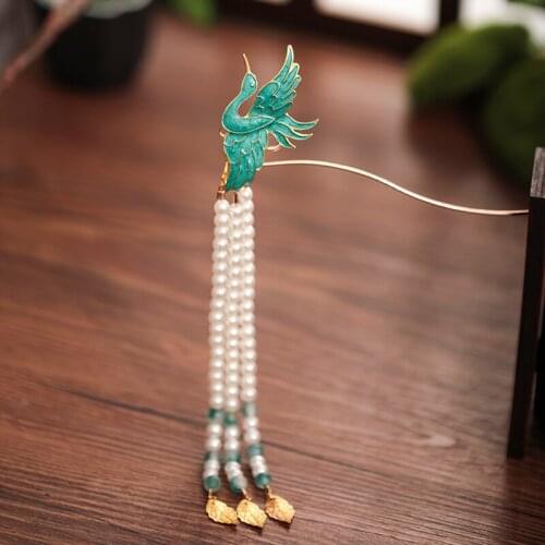 Baroque Vintage Gold Hairgrips Phoenix Swan Plate Hairpins Girls Women Hair Accessories For Wedding Party Pearl Tassel Hair Fork