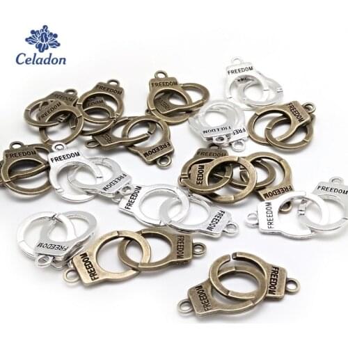 10 Pairs of Alloy Antique Bronze Silver Color Freedom Handcuffs Charm Clasp for DIY Bracelet Necklace Jewelry Findings Making